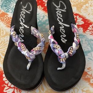 Skechers Cali Womens 9 Y2K Platform Wedge Braided Beach Thong Flip Flop Sandals